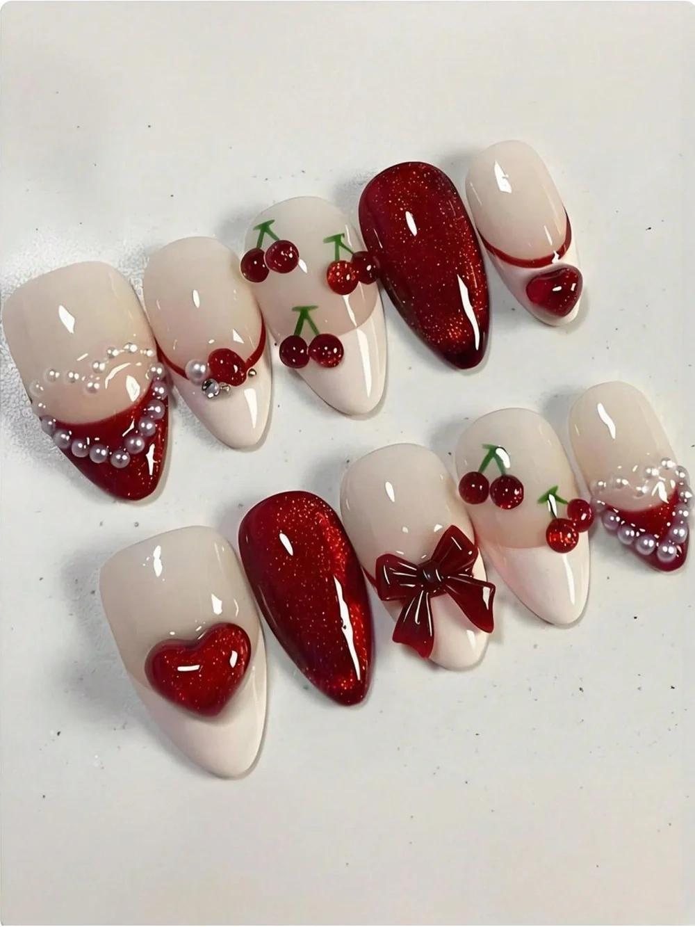 Handmade Red Cherry & Pearl Press-On Nails
